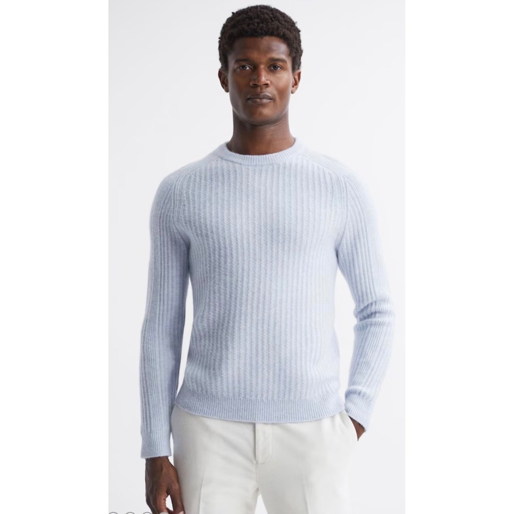 Reiss Millerson Men's Wool Cotton Textured Crewneck Sweater Blue Large Preppy